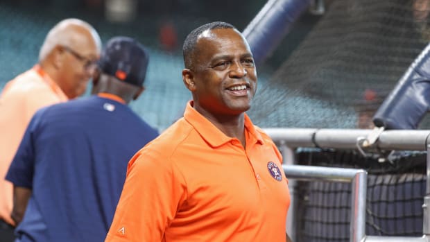 Jul 25, 2023; Houston, Texas, USA; Houston Astros general manager Dana Brown on the field before the game against the Texas Rangers at Minute Maid Park. Mandatory Credit: Troy Taormina-USA TODAY Sports